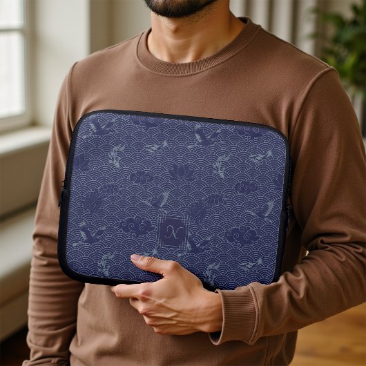 Blue Traditional Japanese Wave Seigaiha Monogram Laptopschutzhülle