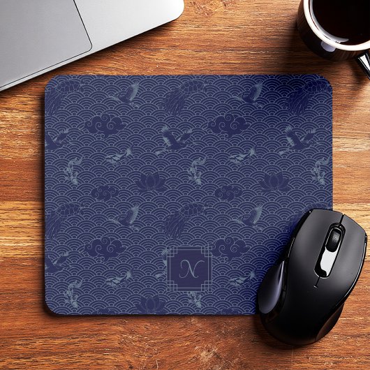 Blue Traditional Japanese Wave Seigaiha Monogram Mousepad