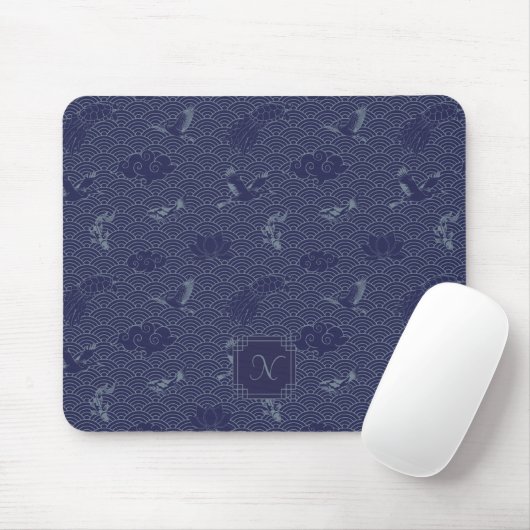Blue Traditional Japanese Wave Seigaiha Monogram Mousepad (Mit Mouse)