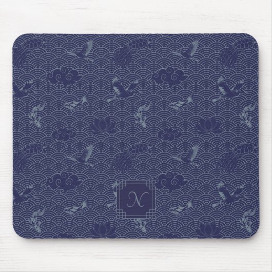 Blue Traditional Japanese Wave Seigaiha Monogram Mousepad (Vorne)