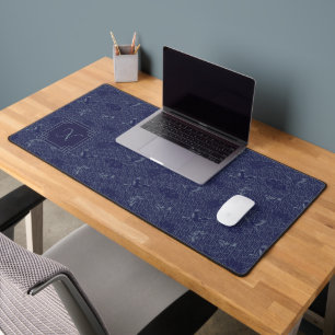 Blue Traditional Japanese Wave Seigaiha Monogram Schreibtischunterlage