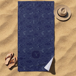 Blue Traditional Japanese Wave Seigaiha Monogram Strandtuch