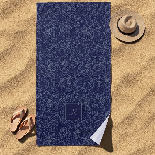 Blue Traditional Japanese Wave Seigaiha Monogram Strandtuch