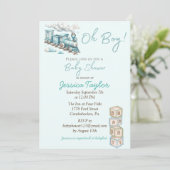 Blue Train Oh Boy Baby Dusche Einladung (Stehend Vorderseite)