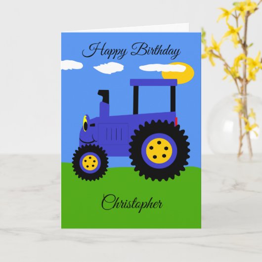 Blue Traktor Birthday Card Karte (Gelbe Blume)