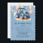 Blue Traktor Flag Watercolor Boy 1st. Birthday Par Einladung<br><div class="desc">Ich hoffe,  Ihnen gefällt dieses blaue Kraftpapier mit Aquarell und einem niedlichen blauen Traktor. Entsprechende Einladungen und Party-Vorräte sind in dieser Kollektionssuite erhältlich.</div>