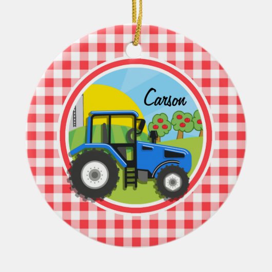 Blue Traktor; Rot und Weiß Gingham Keramik Ornament (Vorne)