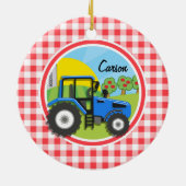 Blue Traktor; Rot und Weiß Gingham Keramik Ornament (Hinten)