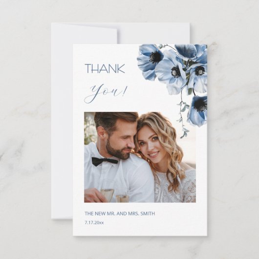 Blue Transparent Flowers Wedding Thank You Card Dankeskarte (Vorderseite)