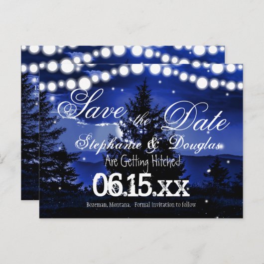 Blue Tree Twinkle Lights Save the Date Postkarten (Vorne/Hinten)