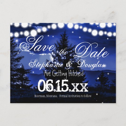 Blue Tree Twinkle Lights Save the Date Postkarten (Vorderseite)