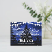 Blue Tree Twinkle Lights Save the Date Postkarten (Stehend Vorderseite)
