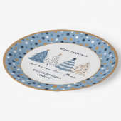 Blue Trees Dots Moderner Text Weihnachtsfeiertag Pappteller (Schrägansicht)