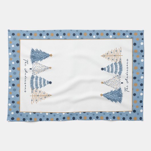 Blue Trees Modern Dots Weihnachtsname Geschirrtuch (Horizontal)