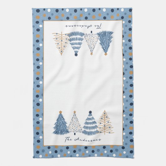 Blue Trees Modern Dots Weihnachtsname Geschirrtuch (Vertikal)