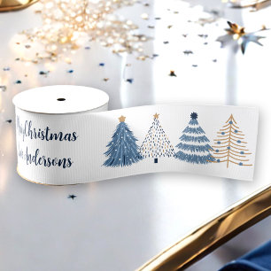 Blue Trees Modern Simple Christmas Name Text Ripsband
