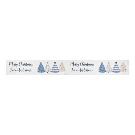 Blue Trees Modern Simple Christmas Name Text Ripsband (Vorderseite)