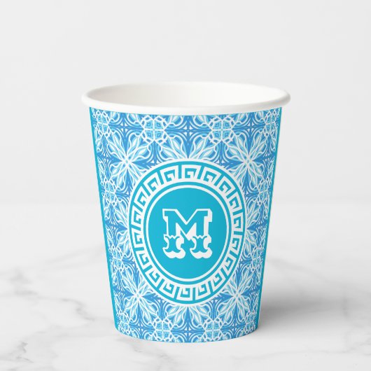 Blue Trellis Print Modern White Text Pappbecher (Rückseite)