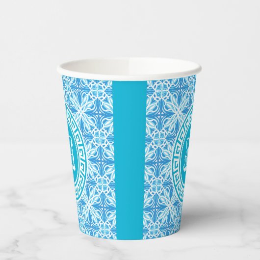 Blue Trellis Print Modern White Text Pappbecher (Links)
