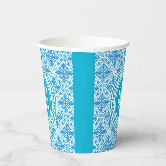 Blue Trellis Print Modern White Text Pappbecher (Rechts)
