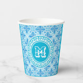 Blue Trellis Print Modern White Text Pappbecher (Vorderseite)