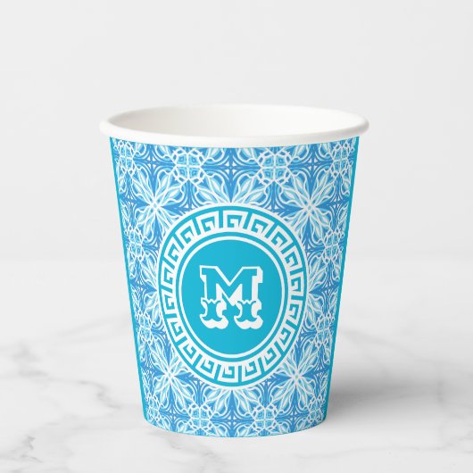 Blue Trellis Print Modern White Text Pappbecher (Vorderseite)