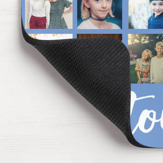 Blue trendy Foto Collage Text Script Familie Mousepad (Ecke)
