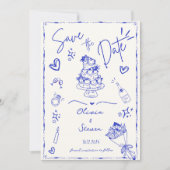 Blue Trendy Hand Drawn Scribble Fun Save the Date Einladung (Vorderseite)