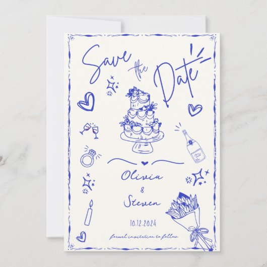 Blue Trendy Hand Drawn Scribble Fun Save the Date Einladung (Vorderseite)