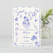 Blue Trendy Hand Drawn Scribble Fun Save the Date Einladung (Stehend Vorderseite)