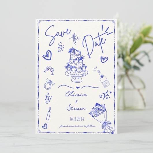 Blue Trendy Hand Drawn Scribble Fun Save the Date Einladung (Stehend Vorderseite)