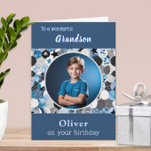 Blue Trendy Modern 1 Foto Grandson Birthday Karte
