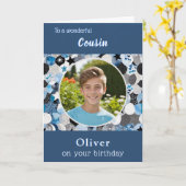 Blue Trendy Modern Cousin Birthday Custom Photo Karte (Gelbe Blume)