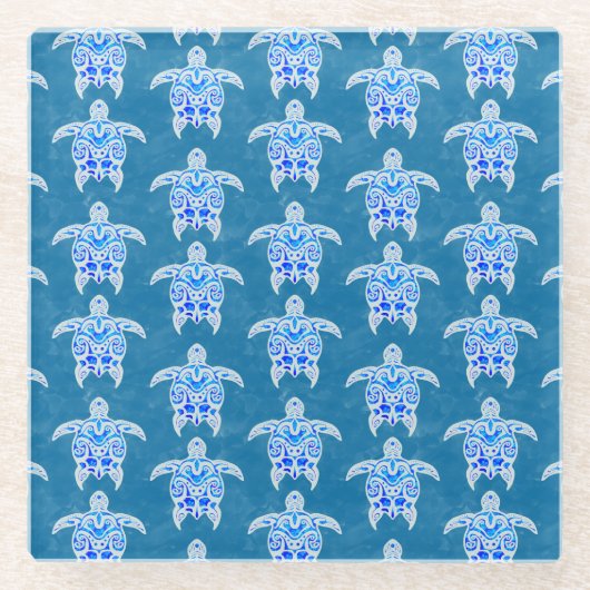 Blue Tribal Honu Sea Turtles Glasuntersetzer (Vorderseite)