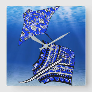 Blue Tribal Stingray Quadratische Wanduhr