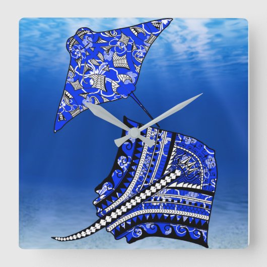 Blue Tribal Stingray Quadratische Wanduhr (Vorderseite)