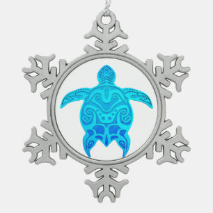 Blue Tribal Turtle Schneeflocken Zinn-Ornament