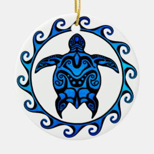 Blue Tribal Turtle Sun Keramik Ornament