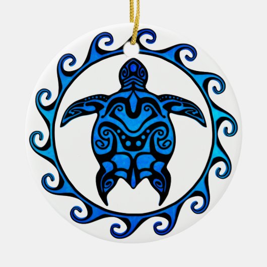 Blue Tribal Turtle Sun Keramik Ornament (Vorne)