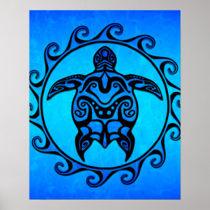 Blue Tribal Turtle Sun Poster