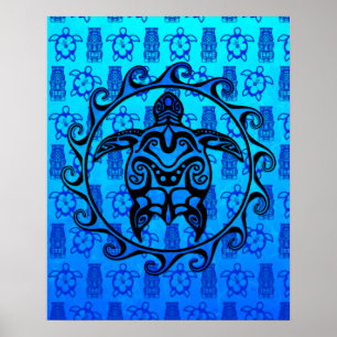 Blue Tribal Turtle Sun Poster
