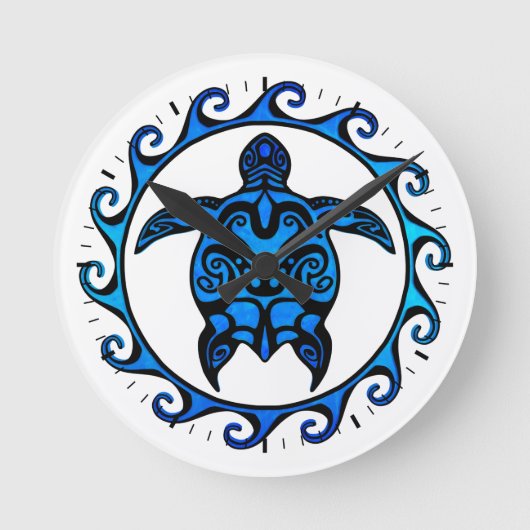 Blue Tribal Turtle Sun Runde Wanduhr (Vorderseite)