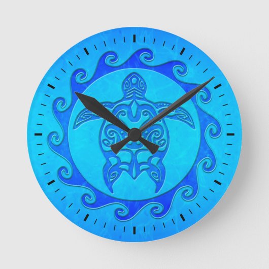 Blue Tribal Turtle Sun Runde Wanduhr (Vorderseite)