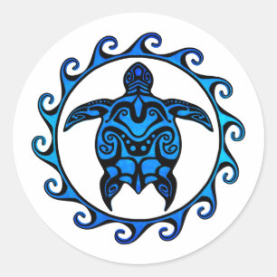 Blue Tribal Turtle Sun Runder Aufkleber