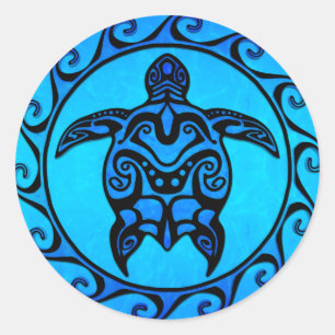 Blue Tribal Turtle Sun Runder Aufkleber