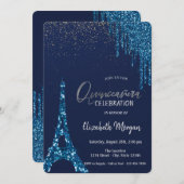 Blue Tropfens Confetti, Eiffelturm Quinceñera Einladung (Vorne/Hinten)
