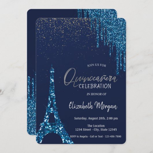 Blue Tropfens Confetti, Eiffelturm Quinceñera Einladung (Vorne/Hinten)