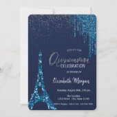 Blue Tropfens Confetti, Eiffelturm Quinceñera Einladung (Vorderseite)