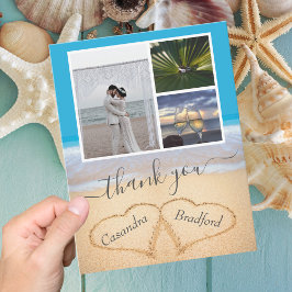 Blue Tropical Beach Herzen in Sand Wedding Dankeskarte