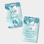 Blue Tropical Blätter Glitzer Skript Sweet 16 VIP Ausweis (Vorder- & Rückseite)